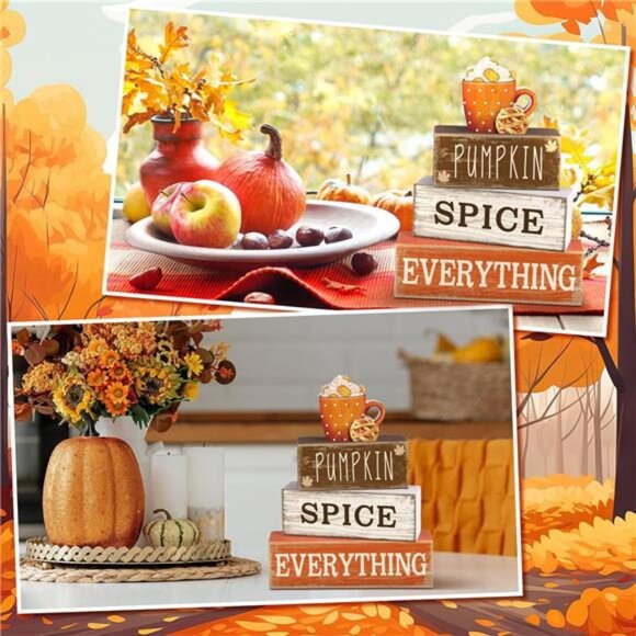 4 Pcs Fall Wooden Tabletop Decor‎ - Rustic Hello Fall Cup & Tiered Tray Signs - Picture 4 of 7